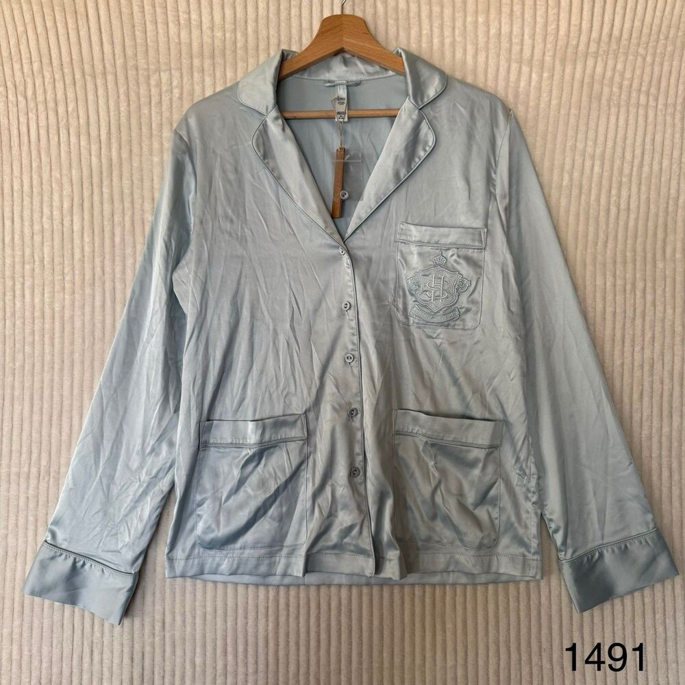 Skims Women's Hotel Shine Long Sleeve Button Up Top Sz XS Frost Blue NWT SoldOut